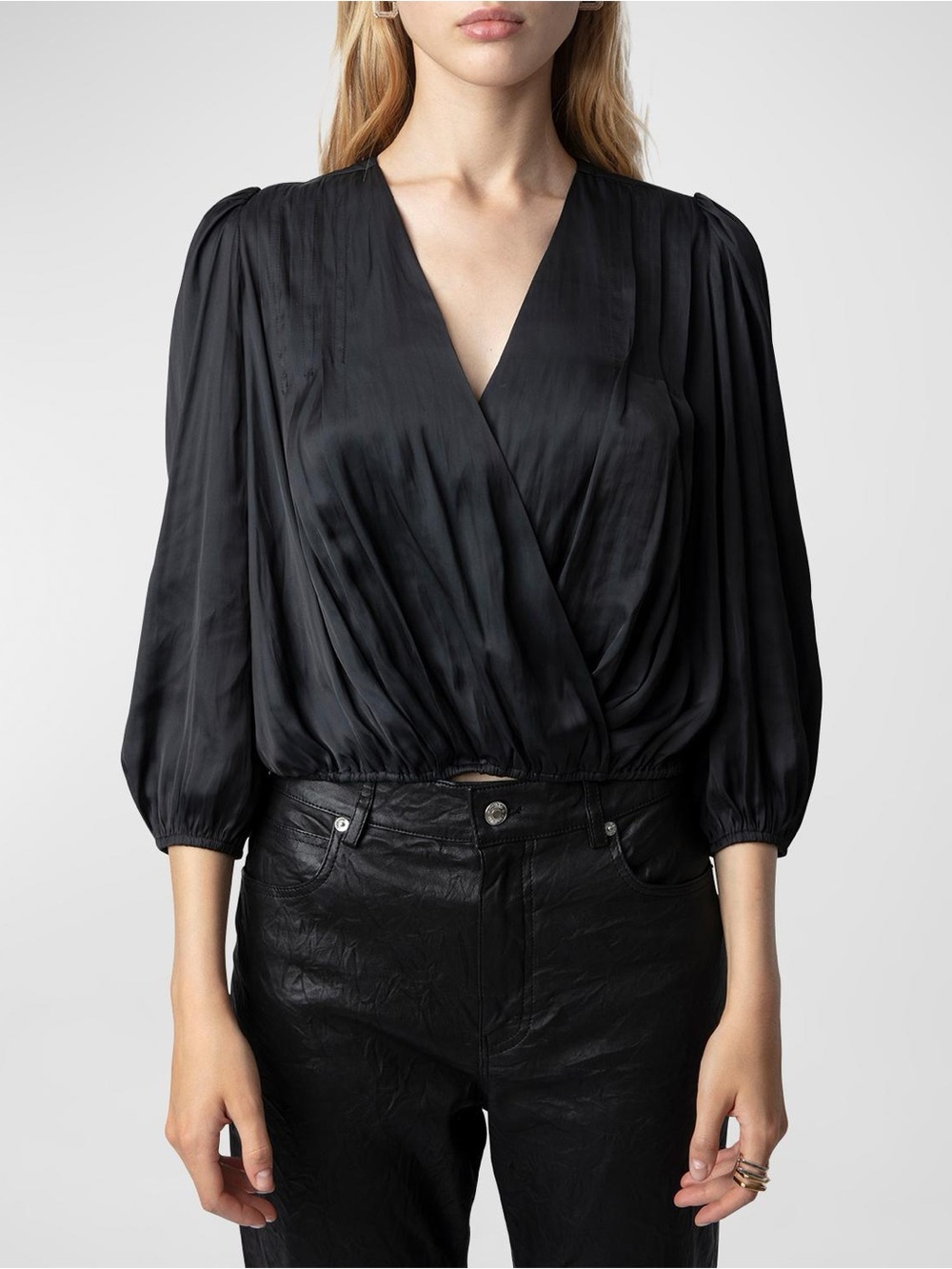 Zadig & Voltaire Tyfon Satin Draped Wrap Cropped Top | Black | Size L